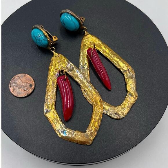 Sylvia Toledano Coral and Turquoise Corail Drop Bold 22k GP Drop Clip Earrings - Picture 6 of 11